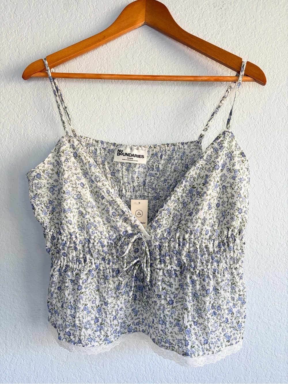 No Boundaries White and Blue Floral Smocked Tie-Front Cami NWT, size XL